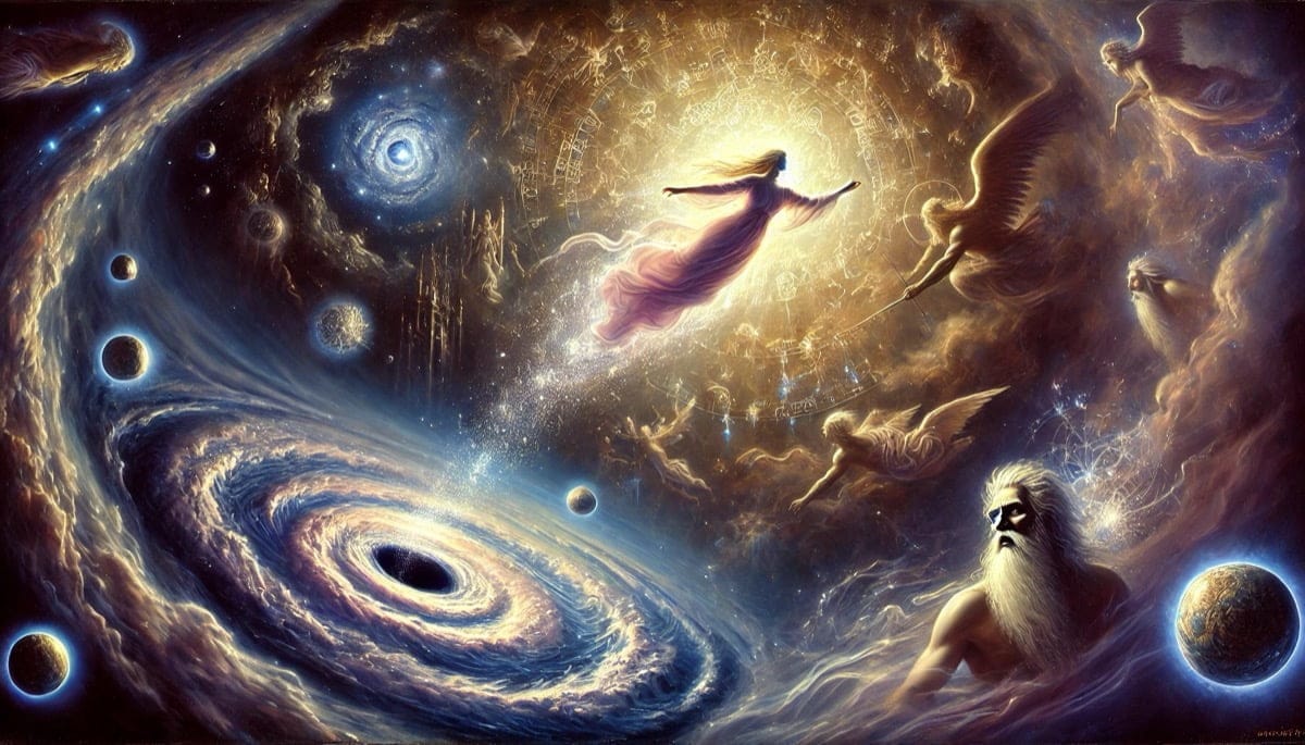 Sophia descendiendo hacia el mundo material, observada por el Demiurgo, según la cosmología gnóstica