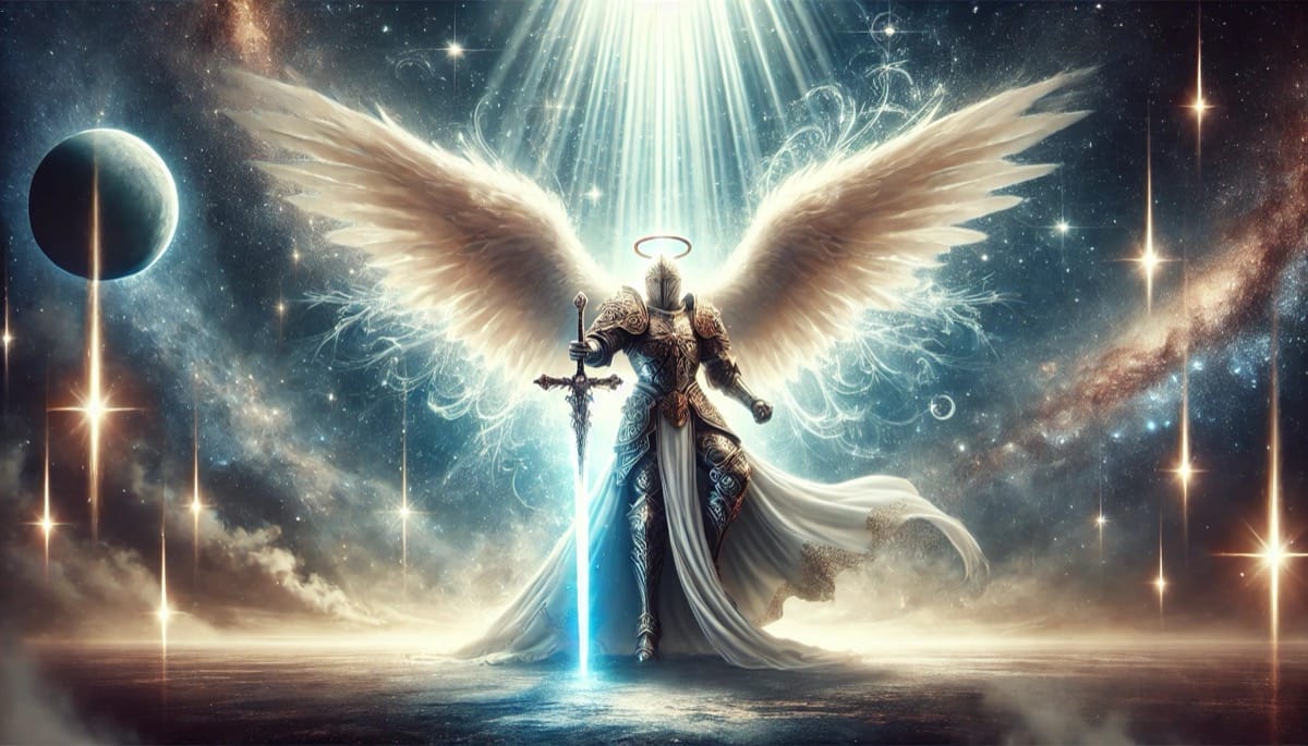 El guerrero celestial: San Miguel en la batalla cósmica San Miguel Arcángel, con armadura y espada radiante, representado en un campo de batalla cósmico, rodeado de luz y sombras, simbolizando la lucha entre el bien y el mal.