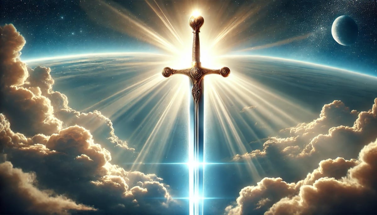 La espada de la verdad: Justicia y poder divino Espada radiante de San Miguel Arcángel, brillando con luz divina sobre un fondo celestial, simbolizando la verdad, la justicia y la fuerza espiritual