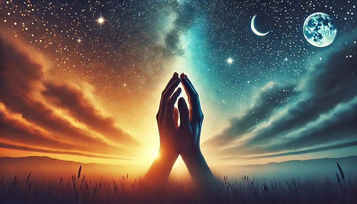 Oración a los Padres Celestiales Manos orantes entre el día y la noche como símbolo de equilibrio en el Equinoccio de Otoño