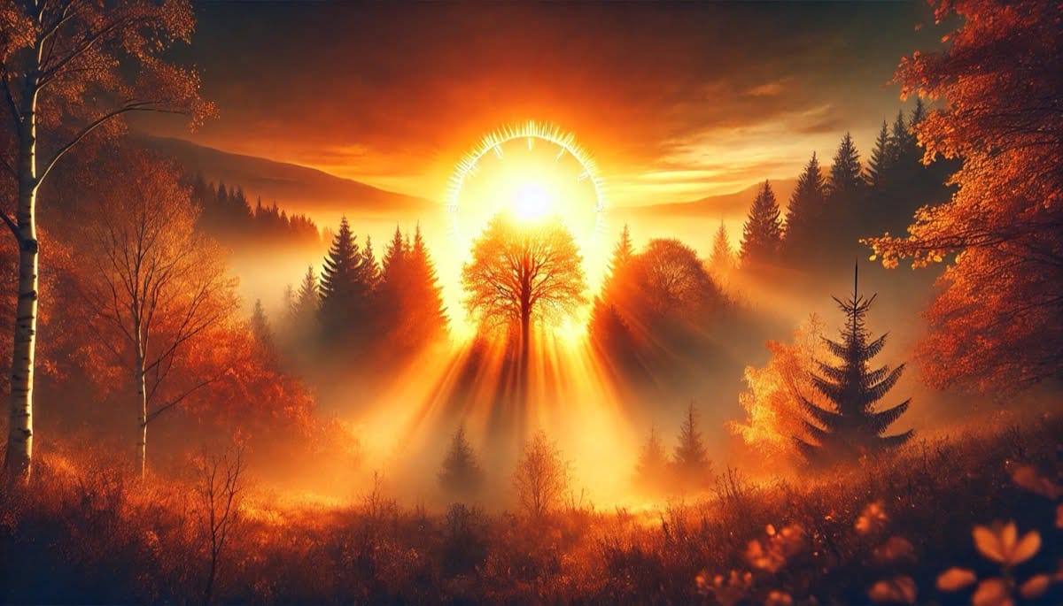 Regreso a la Luz Árbol iluminado por el sol naciente como símbolo del Equinoccio de Otoño
