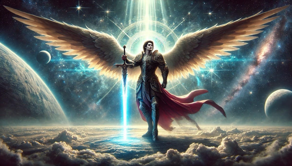 San Miguel Arcángel: Protector y Guerrero Celestial San Miguel Arcángel, de pie con su espada radiante y alas extendidas, iluminando un paisaje cósmico bajo un cielo celestial lleno de estrellas y rayos divinos, simbolizando su papel como protector y guerrero de la luz.