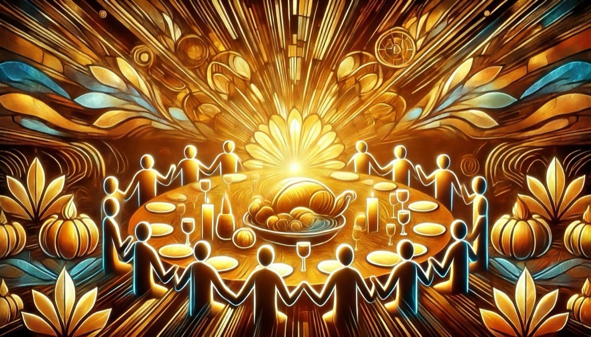 Mesa de Luz y Gratitud Mesa luminosa del Día de Acción de Gracias rodeada de figuras unidas, simbolizando compartir y gratitud.