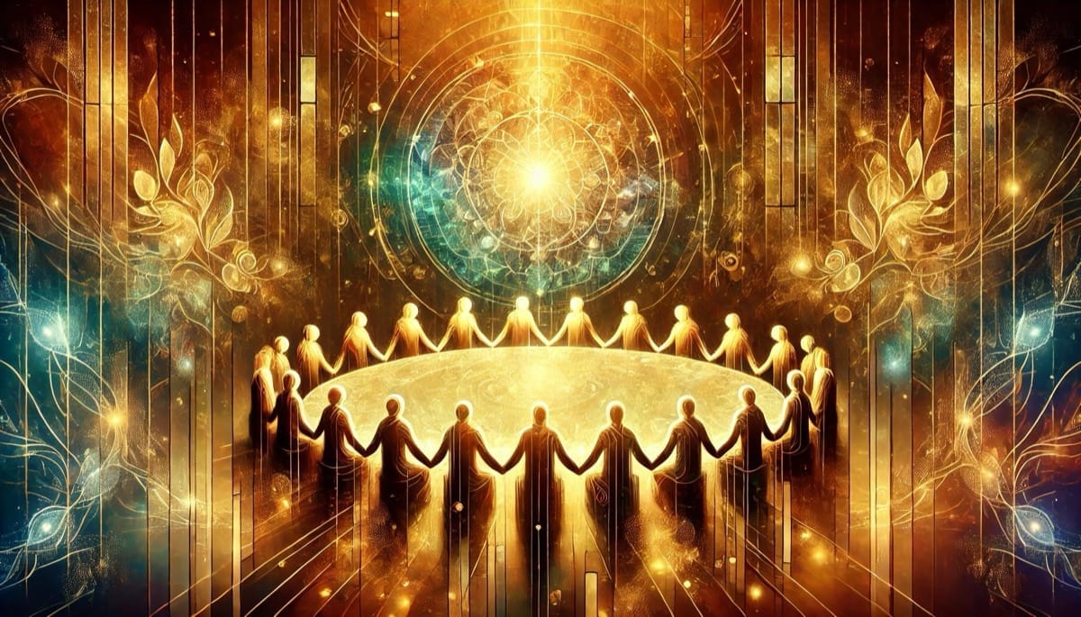 Unidad y Luz en Acción de Gracias Mesa simbólica rodeada de figuras unidas de la mano, iluminadas por la luz en el Día de Acción de Gracias.