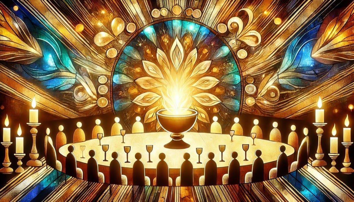 Unión Espiritual en Acción de Gracias Mesa iluminada del Día de Acción de Gracias con figuras abstractas, simbolizando unión y reflexión espiritual.