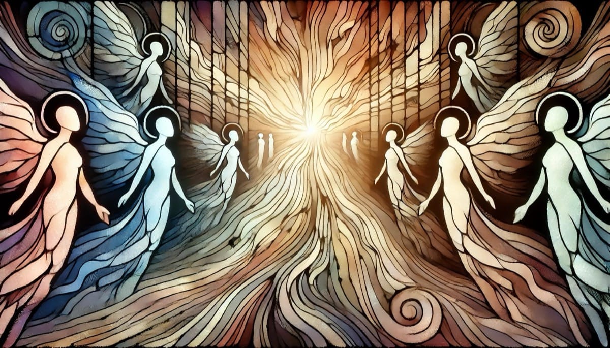 Camino de las Ánimas Representación de almas en un viaje espiritual, en transición entre vida y muerte, en tonos serenos y oscuros.