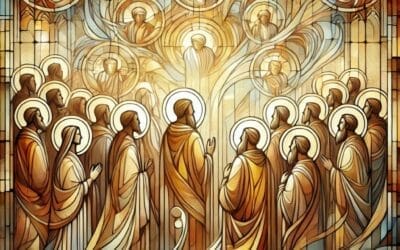 Representación de todos los santos en comunión, en estilo vidriera con tonos dorados.