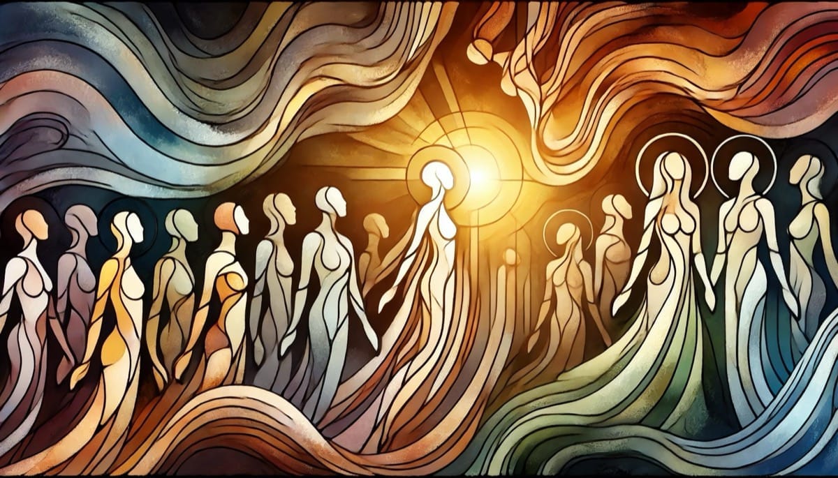 Tránsito Espiritual de las Ánimas Almas en transición de la oscuridad a la luz, representando el Día de Todas las Ánimas.
