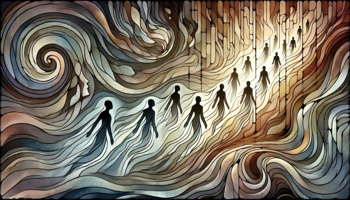 Viaje de las Ánimas hacia la Luz Almas en transición a través de sombras y luz, representando el Día de Todas las Ánimas.