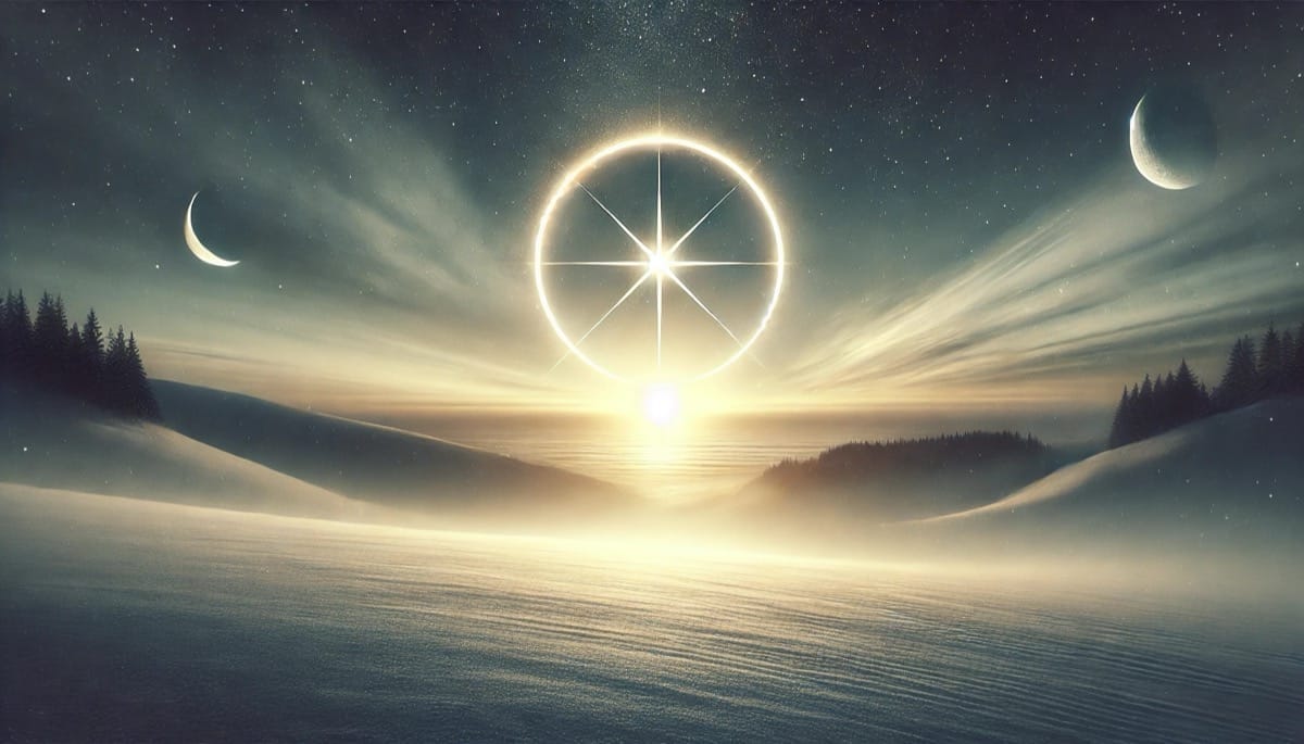 Solsticio de Invierno - Amanecer de Luz y Equilibrio Paisaje invernal sereno al amanecer, con un sol simbólico y una luz en forma de cruz en el horizonte.