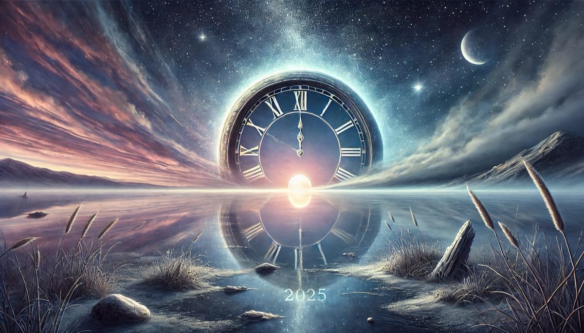 Víspera de Año Nuevo 2025 - Reflexión y Renovación Paisaje místico y sereno representando la Víspera de Año Nuevo 2025, con un cielo iluminado como símbolo de reflexión y renovación.