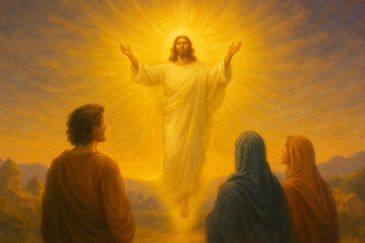Cristo Resucitado en Gloria Cristo resucitado en majestad sobre un fondo glorioso con ángeles, símbolo de la victoria del Domingo de Pascua.