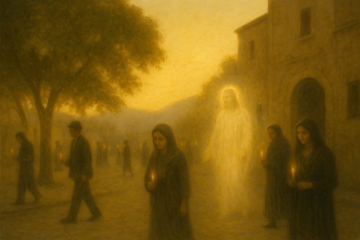 El Reino está extendido sobre la tierra Figura contemplativa al amanecer en un campo sereno, símbolo del Reino oculto en la tierra en el Domingo de Pascua.