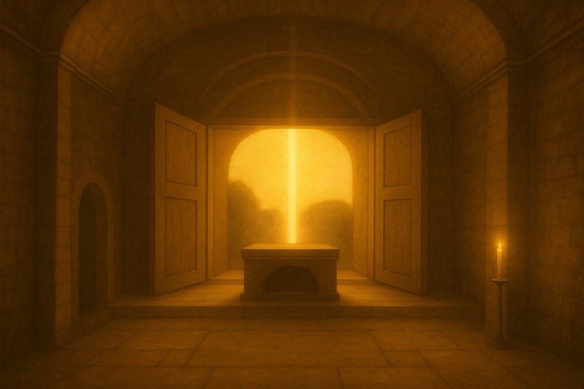 Luz de la Resurrección en el Domingo de Pascua Interior de capilla iluminada por una columna de luz que simboliza el Domingo de Pascua y la Resurrección del Logos.