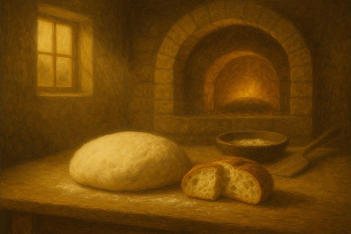 Pan nuevo para un alma renovada Pan sin levadura recién horneado en un horno rústico, símbolo de la sinceridad y la verdad del alma renovada en el Domingo de Pascua.