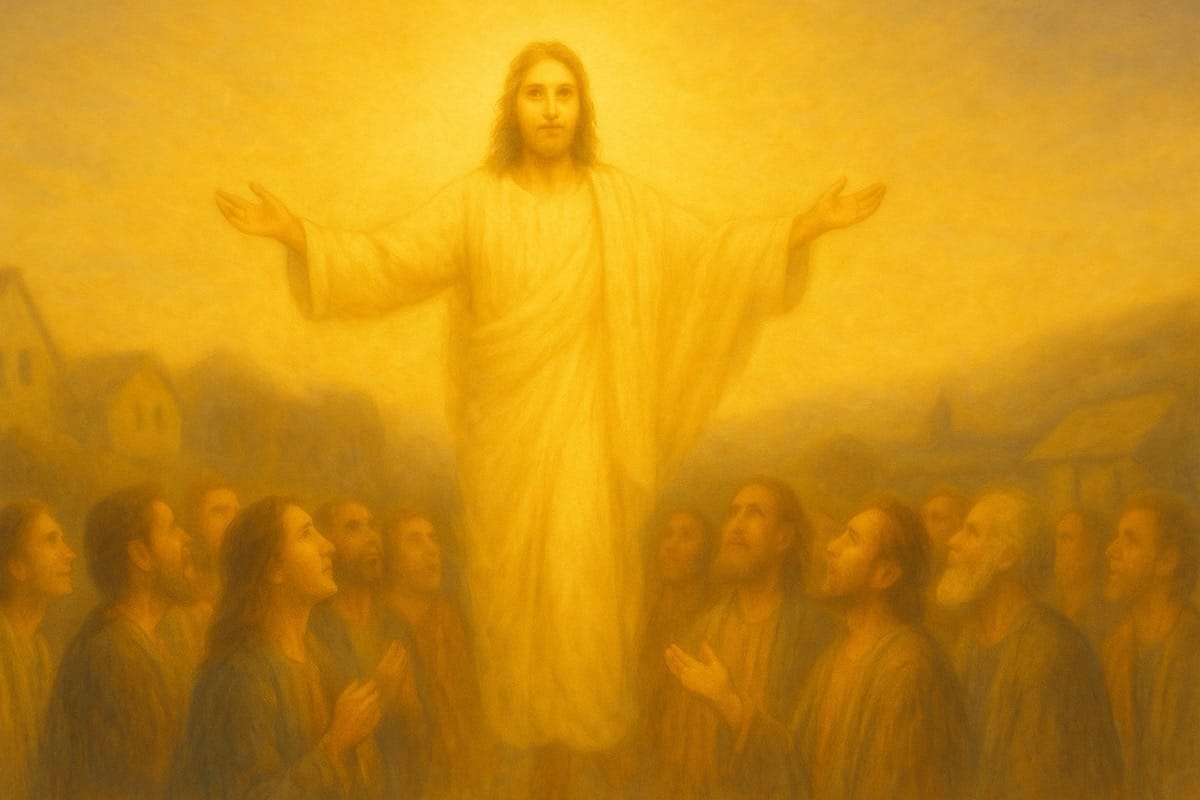 La Ascensión del Señor entre las nubes Jesús asciende entre las nubes mientras sus discípulos lo observan desde la tierra, en una representación clásica del Día de la Ascensión.