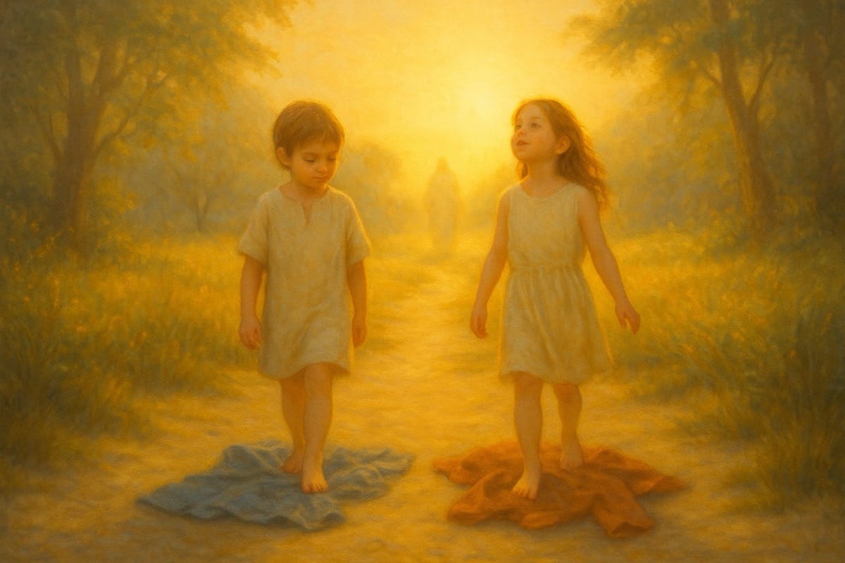 Ver sin miedo al Hijo del Viviente Dos jóvenes de espaldas, descalzos sobre sus túnicas, mirando al horizonte con actitud contemplativa, simbolizando la superación del miedo y el reconocimiento del Hijo del Viviente.