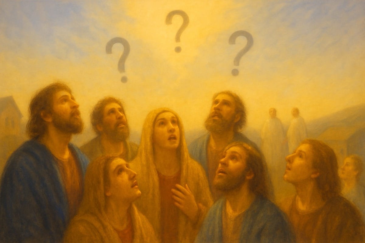 ¿Qué hacéis mirando al cielo? Discípulos mirando al cielo tras la Ascensión de Jesús, en actitud de asombro y espera, en un entorno montañoso y luminoso.