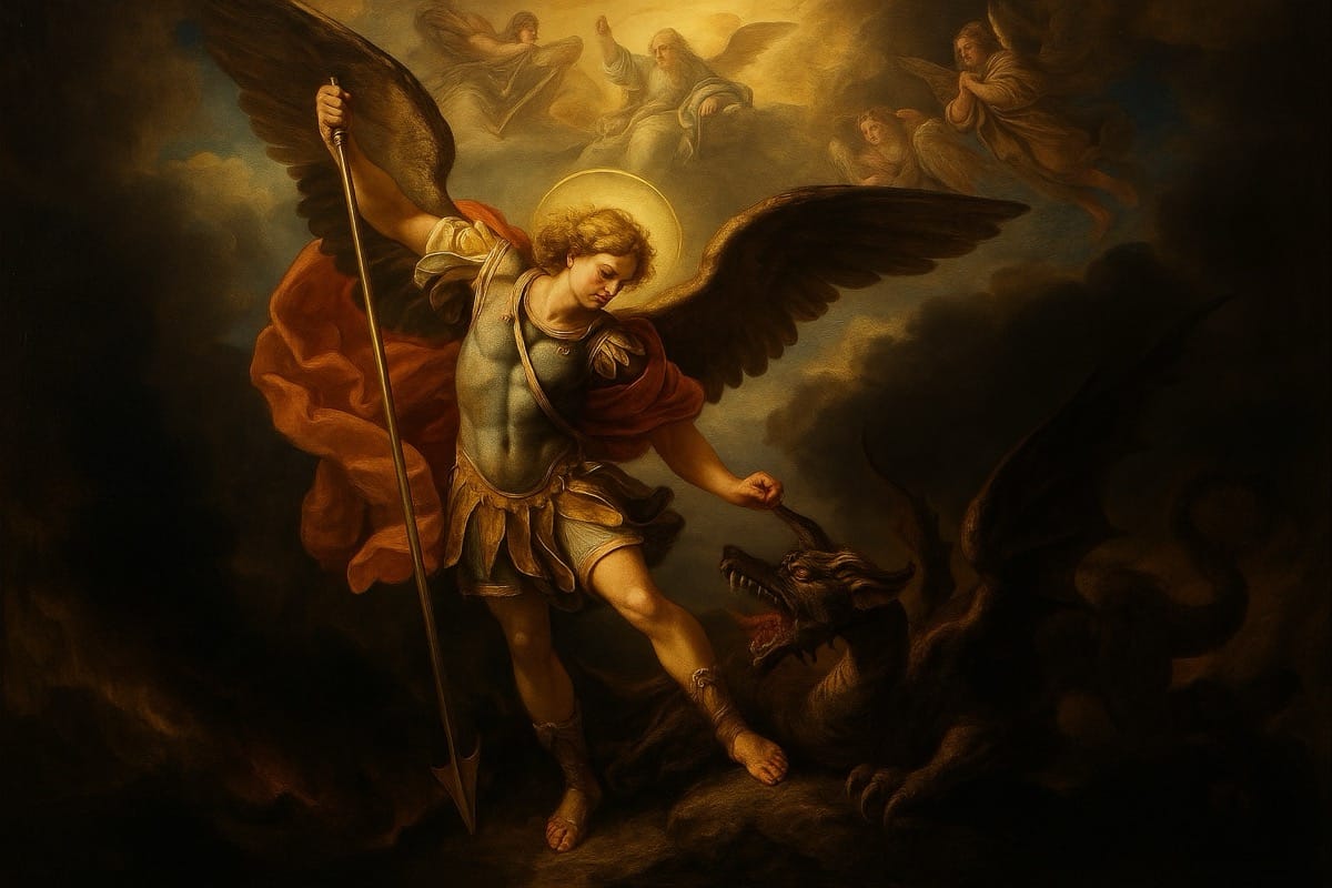 Batalla en el cielo: Miguel y el dragón El Arcángel Miguel derrota al dragón en la batalla celestial descrita en el Apocalipsis, símbolo del triunfo de la Luz en el solsticio de verano.