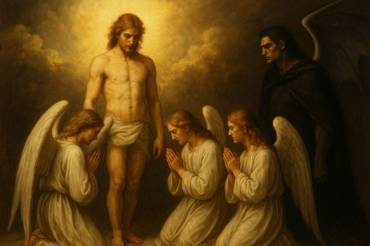 La rebelión de Lucifer ante Adán Tres ángeles arrodillados ante Adán recién creado, mientras Lucifer permanece de pie, negándose a postrarse, según el Evangelio de Bartolomé.