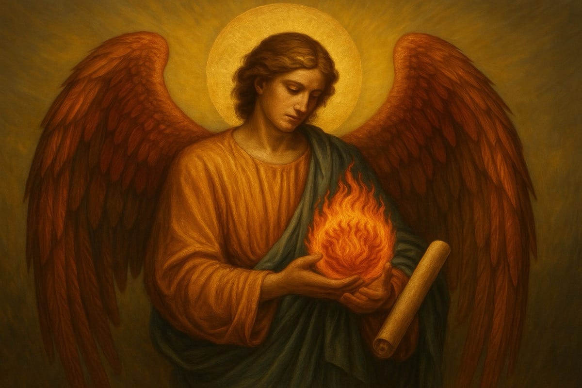 Uriel, portador del Fuego de Dios El Arcángel Uriel sostiene un sol radiante, símbolo del fuego divino y la sabiduría, en un entorno de luz dorada, evocando su papel como portador de la Luz.