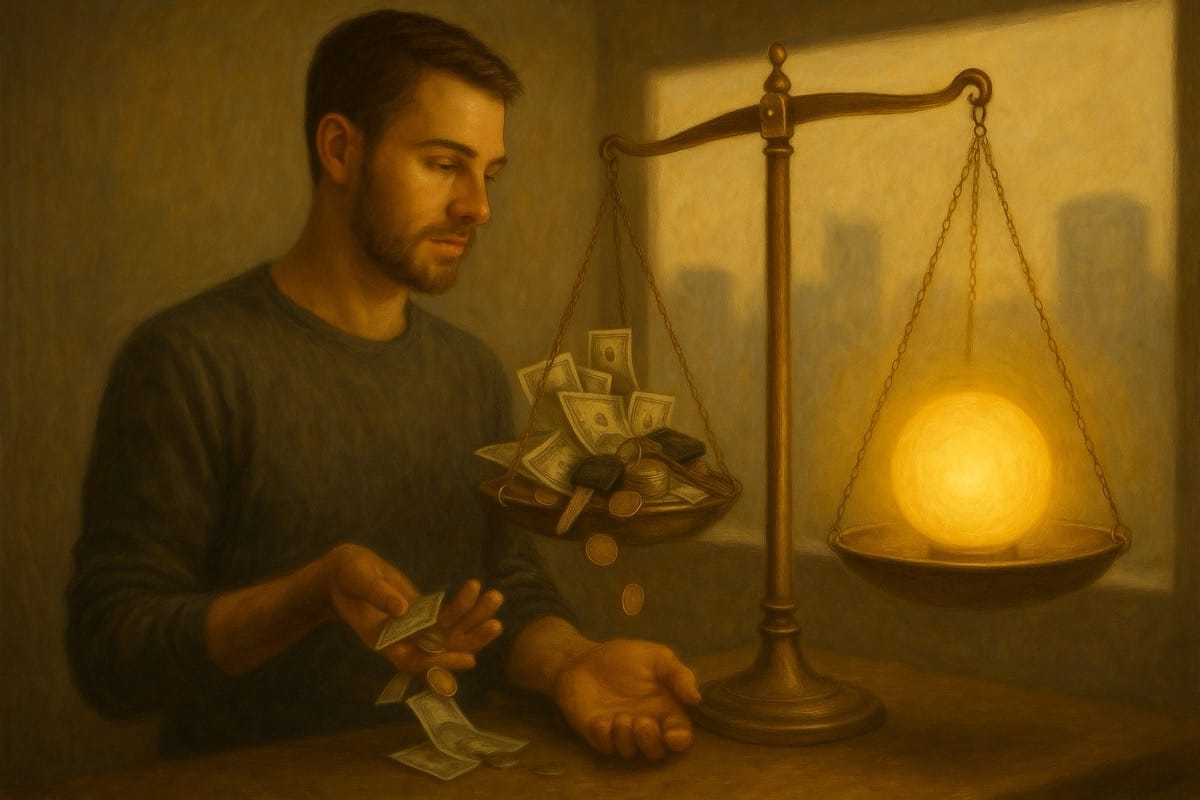 Persona en actitud reflexiva frente a una balanza con objetos materiales en un lado y una luz brillante en el otro, simbolizando el discernimiento espiritual y la verdadera siega del alma según los evangelios de Tomás.