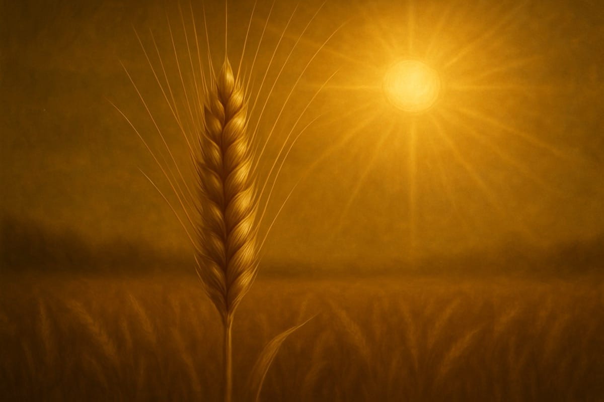 Espiga de trigo perfecta, bañada por la luz dorada del sol en el horizonte, símbolo del fruto maduro listo para la siega espiritual.