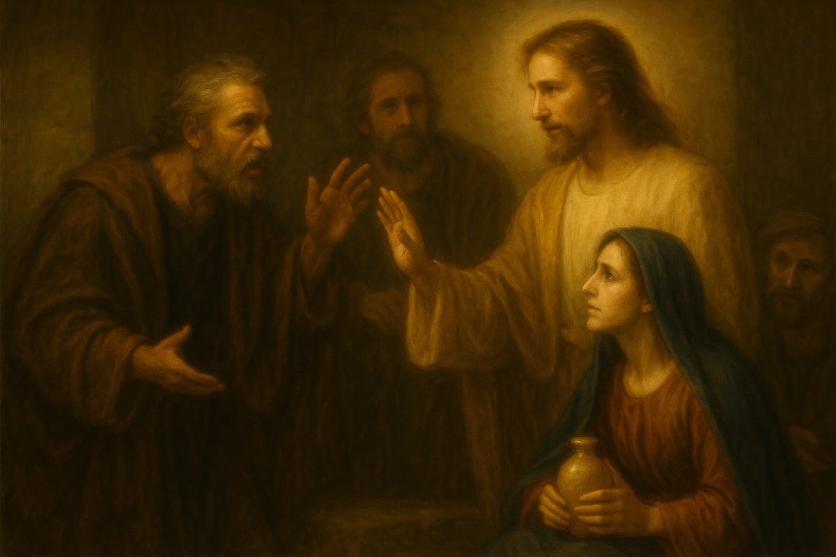 Jesús defiende a Santa María Magdalena ante Pedro Jesús detiene a Pedro mientras Santa María Magdalena escucha en silencio, sosteniendo su frasco de ungüentos, ante la mirada de otros discípulos.