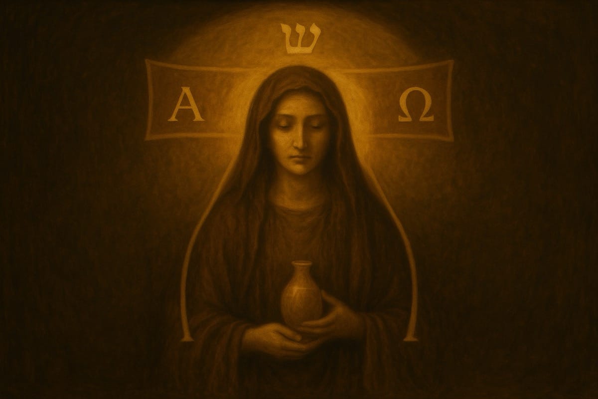 Logo pictórico de Santa María Magdalena con la Tau Logo pictórico de Santa María Magdalena con la Tau completa, Alfa, Omega y Shin, sosteniendo el frasco de ungüentos en actitud serena.