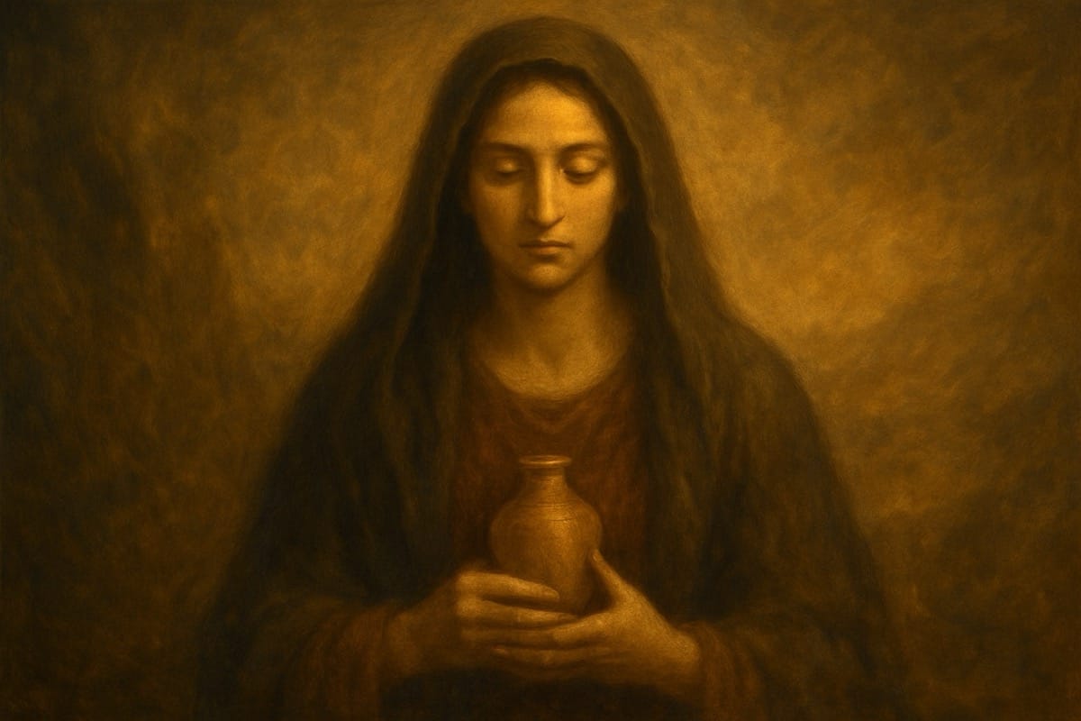 Santa María Magdalena, alma abierta a la Luz Santa María Magdalena en contemplación, sosteniendo el frasco de ungüentos, mientras su figura se funde con la luz dorada que la rodea.