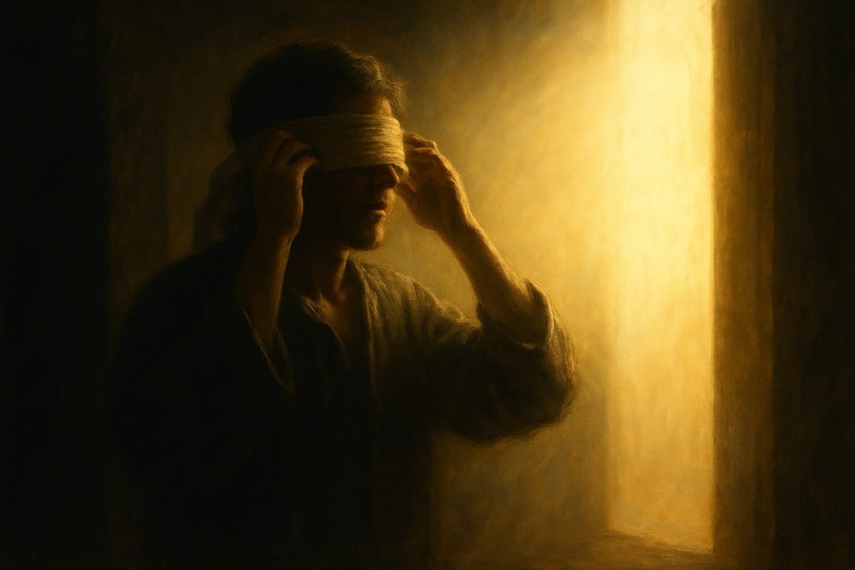 Persona quitándose la venda de los ojos para recibir la Luz en El día de la Transfiguración
