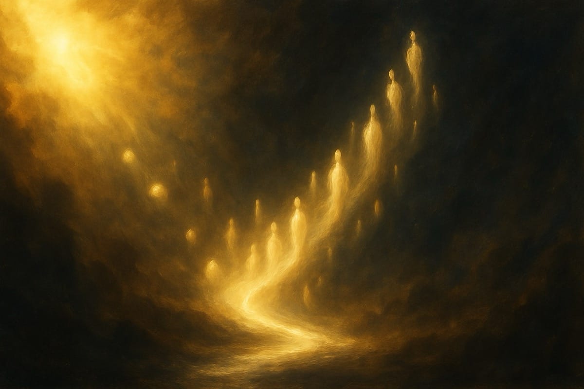 Ascensión de formas luminosas hacia el Pleroma, evocando la Asunción de la Santa Sophia y el retorno del alma a la Luz divina