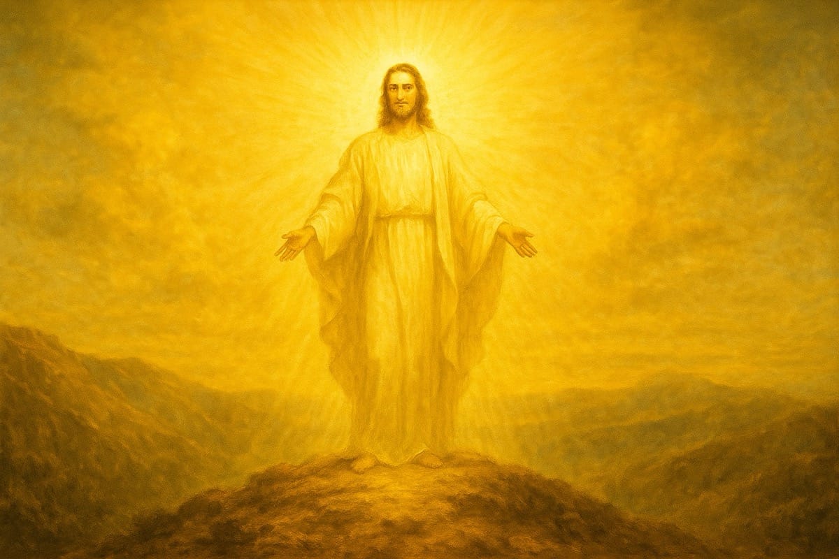 Jesús glorificado en el monte irradiando luz dorada en El día de la Transfiguración
