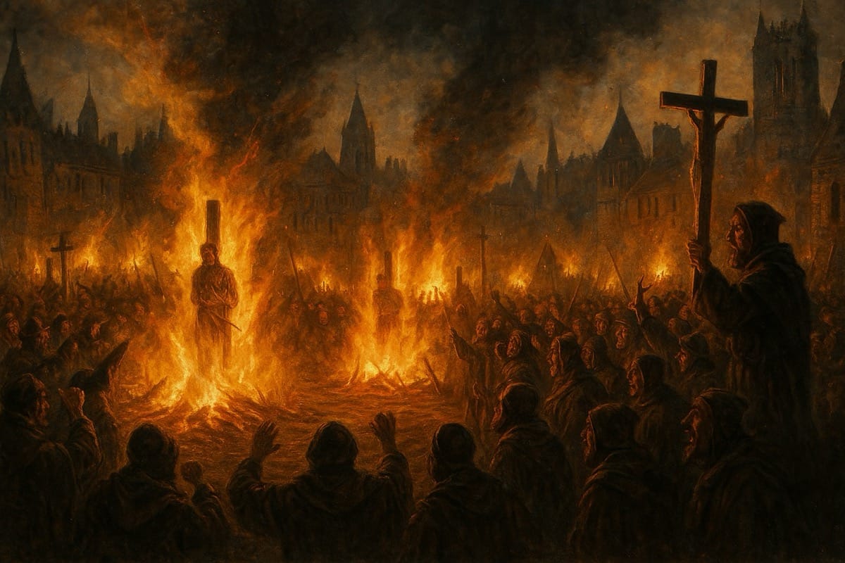 Hogueras inquisitoriales y multitud durante una persecución herética en El día de la Transfiguración