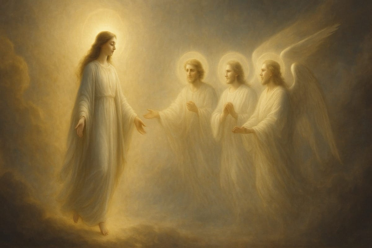 Ascensión espiritual simbolizada por figuras elevándose hacia la Luz desde un mundo de sombras